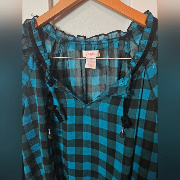 Candie's XL Blue & Black Plaid Sheer Blouse Bell Sleeve Velvet Tie Boho Top - Picture 2 of 9
